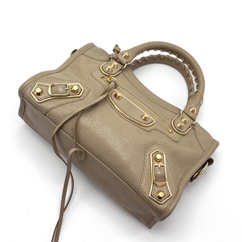 BALENCIAGA棕色金扣 Lecity mini手提機車24*15*9 98新配件塵袋鏡子-5