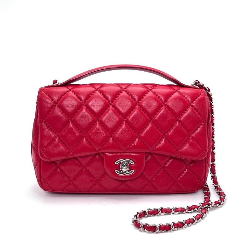 CHANEL 季節款紅色銀扣CF手提肩背斜背鏈條包25.5*16*7 98新配件塵袋-1