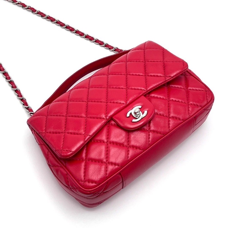 CHANEL 季節款紅色銀扣CF手提肩背斜背鏈條包25.5*16*7 98新配件塵袋-3