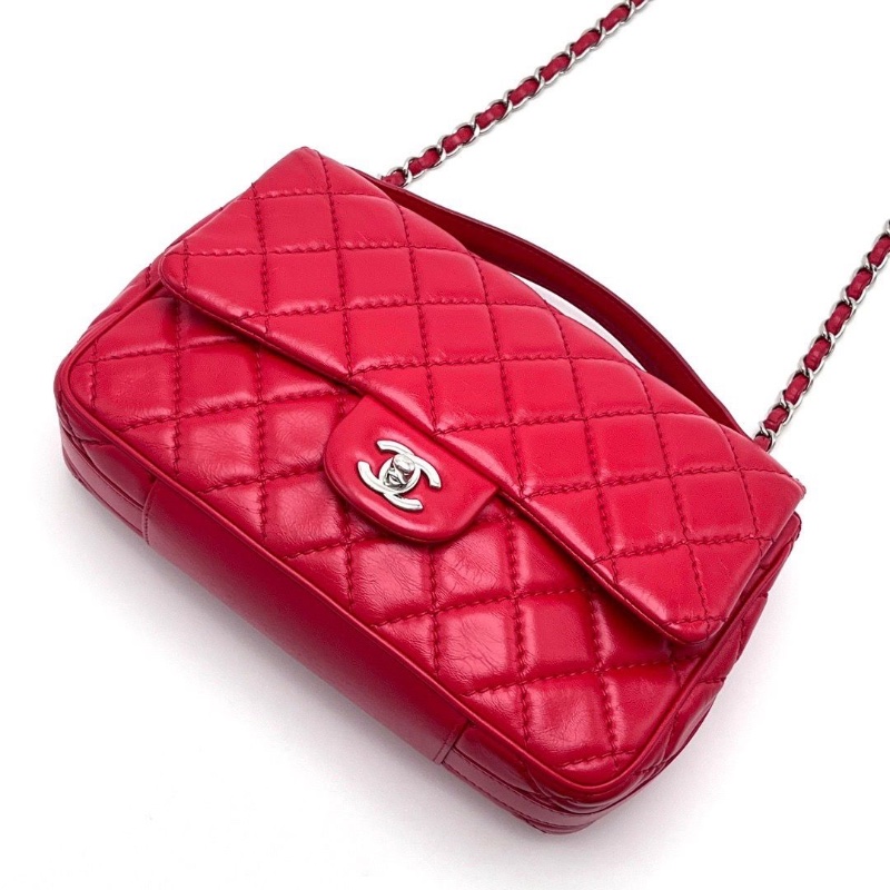 CHANEL 季節款紅色銀扣CF手提肩背斜背鏈條包25.5*16*7 98新配件塵袋-5