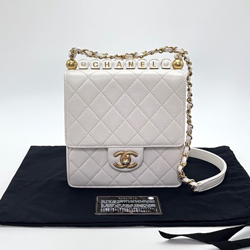 CHANEL白金透明珍珠Logo肩背斜背包16.5*17*6 98新配件塵袋保卡-1