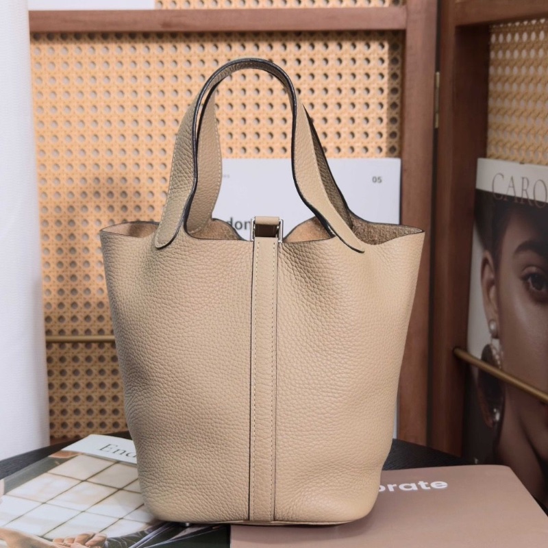 HERMES 馬爾法米色銀扣菜籃子18手提袋18*18*13 98新配件塵袋 鎖鑰匙-1