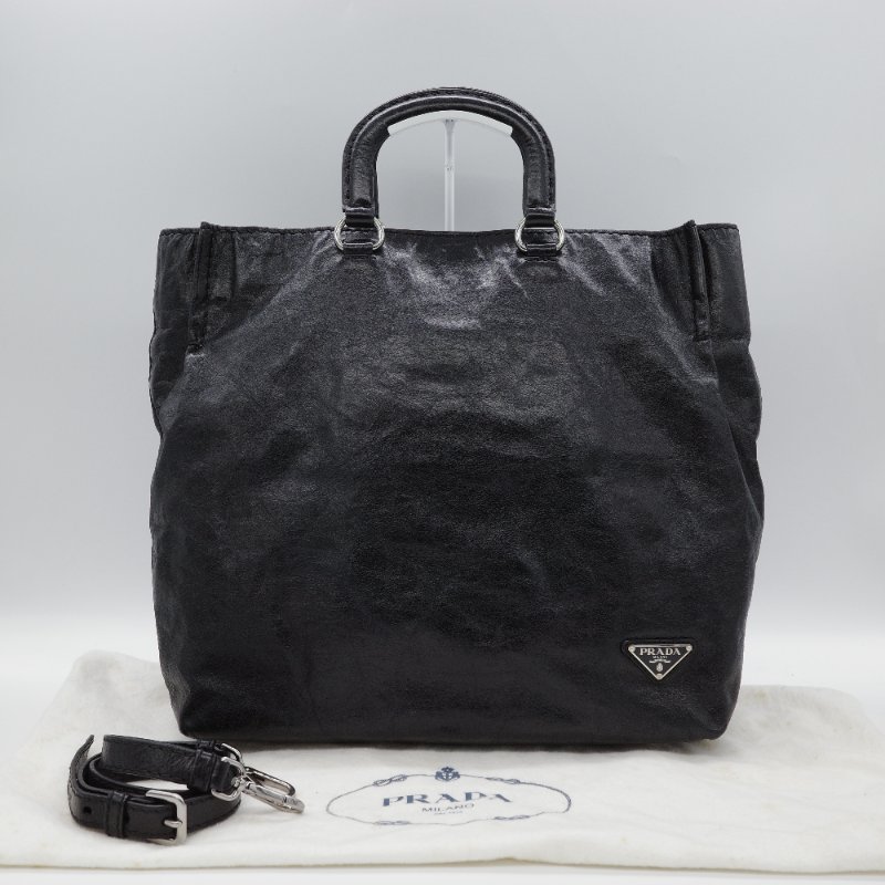 Prada 普拉達 復古 黑色 皺褶 牛皮 托特包 單肩包 斜背包 手提包-0