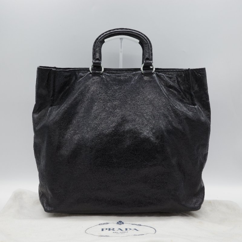 Prada 普拉達 復古 黑色 皺褶 牛皮 托特包 單肩包 斜背包 手提包-1