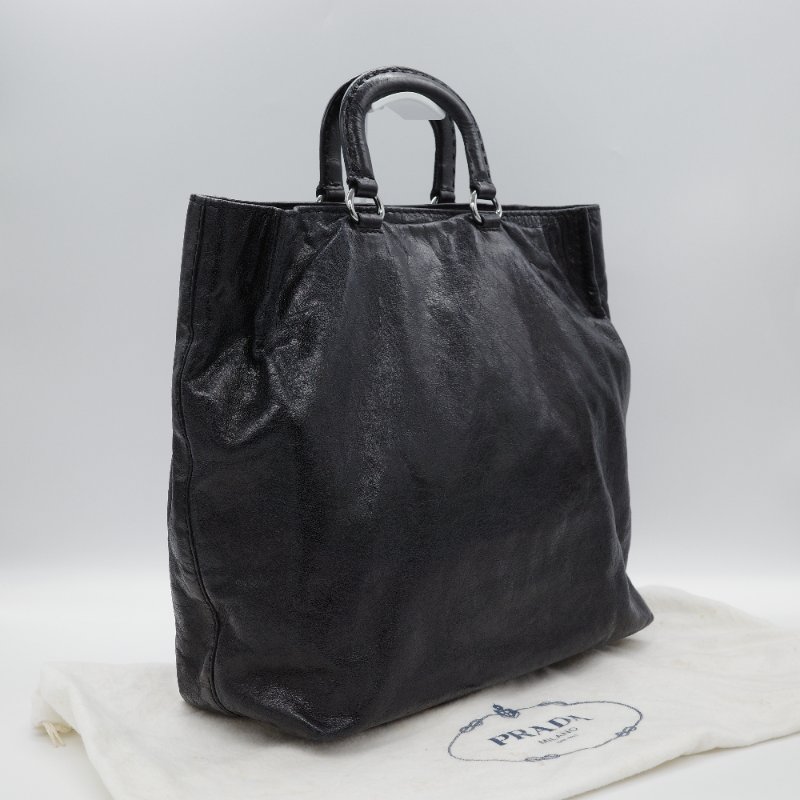 Prada 普拉達 復古 黑色 皺褶 牛皮 托特包 單肩包 斜背包 手提包-2