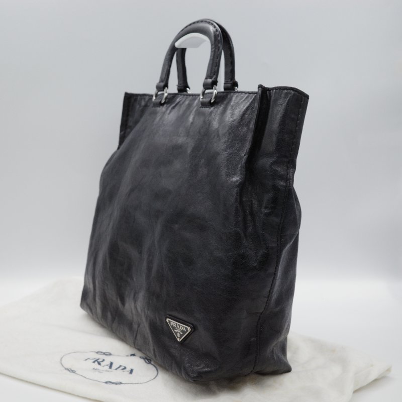 Prada 普拉達 復古 黑色 皺褶 牛皮 托特包 單肩包 斜背包 手提包-3