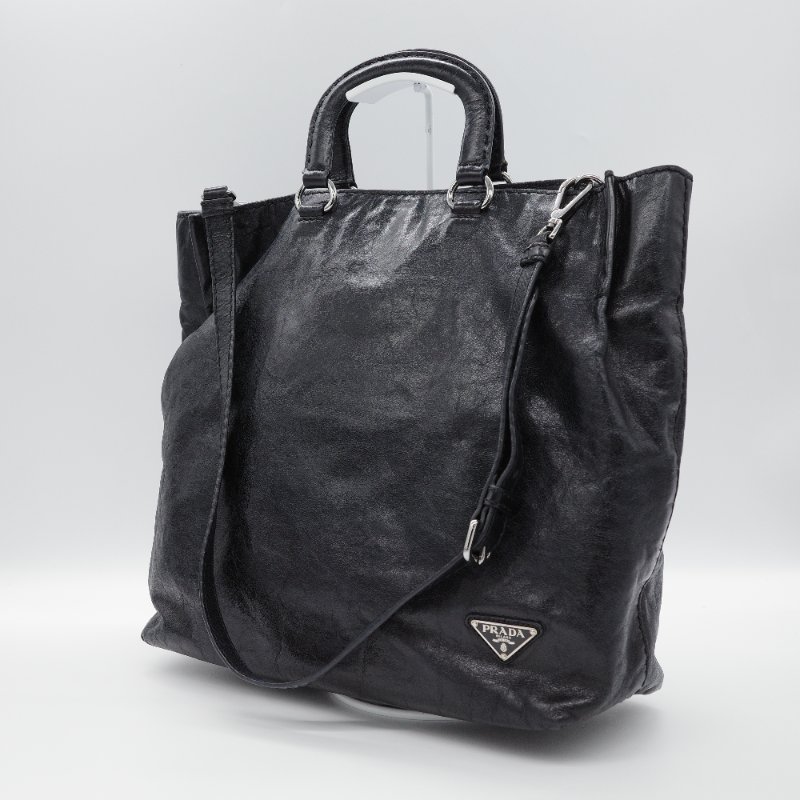 Prada 普拉達 復古 黑色 皺褶 牛皮 托特包 單肩包 斜背包 手提包-5