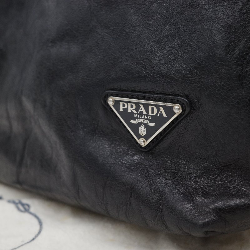 Prada 普拉達 復古 黑色 皺褶 牛皮 托特包 單肩包 斜背包 手提包-6