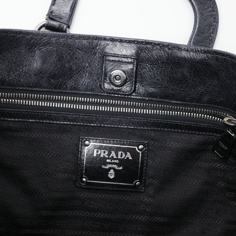 Prada 普拉達 復古 黑色 皺褶 牛皮 托特包 單肩包 斜背包 手提包-15