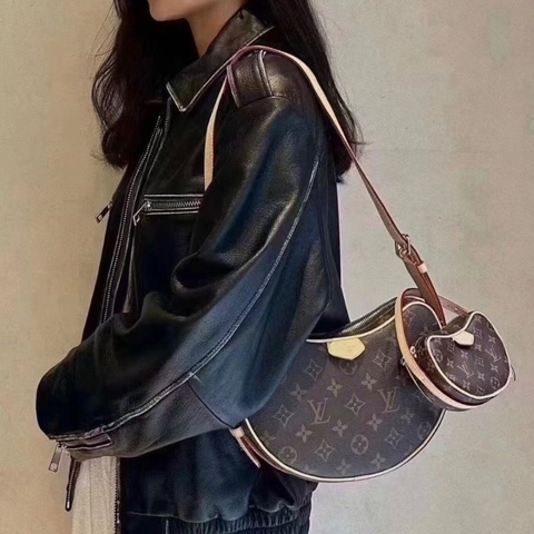 Lv 經典老花croissant肩背斜背包豌豆子母包芯片款25*15*5 98新配件塵袋