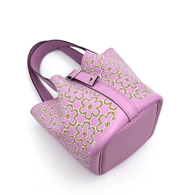 HERMES限定款錦葵紫花卉 mini菜籃子手提袋14*12.5*10 99新配件塵袋*2鎖鑰匙-3