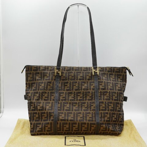 Fendi芬迪 Zucca 經典老花 帆布 黑色 牛皮 大容量 肩帶托特包 單肩包