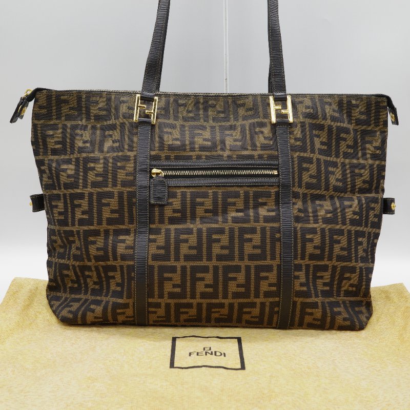 Fendi芬迪 Zucca 經典老花 帆布 黑色 牛皮 大容量 肩帶托特包 單肩包-1