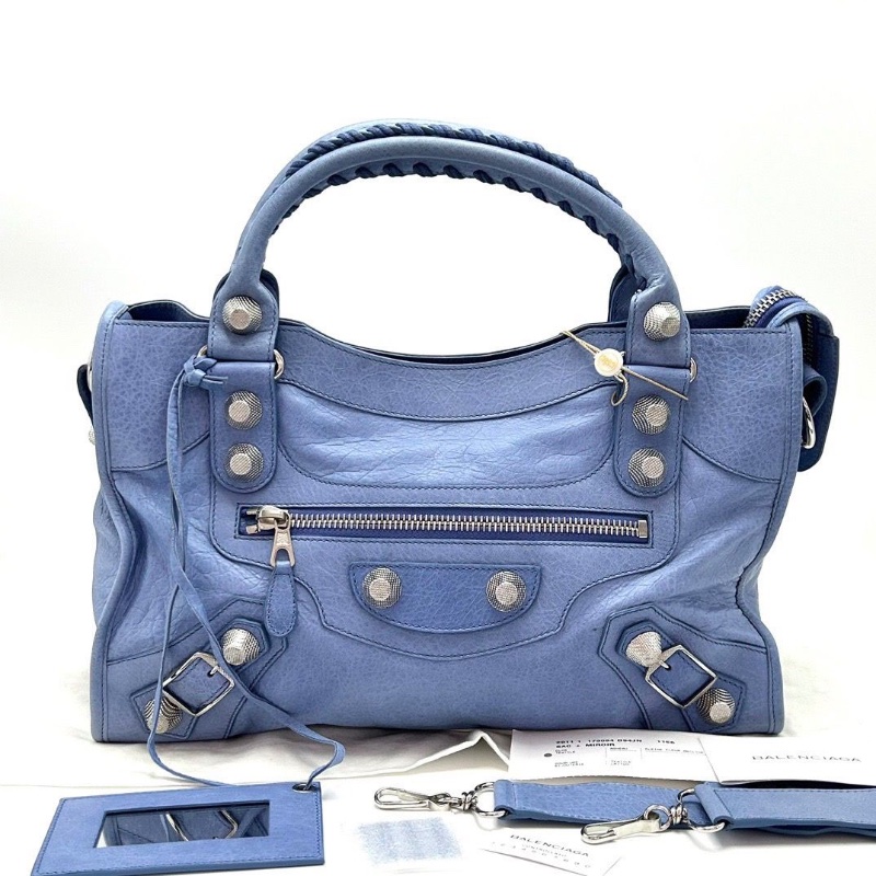 BALENCIAGA藍色銀扣 大號手提機車包38*25*14 98新配件塵袋-1