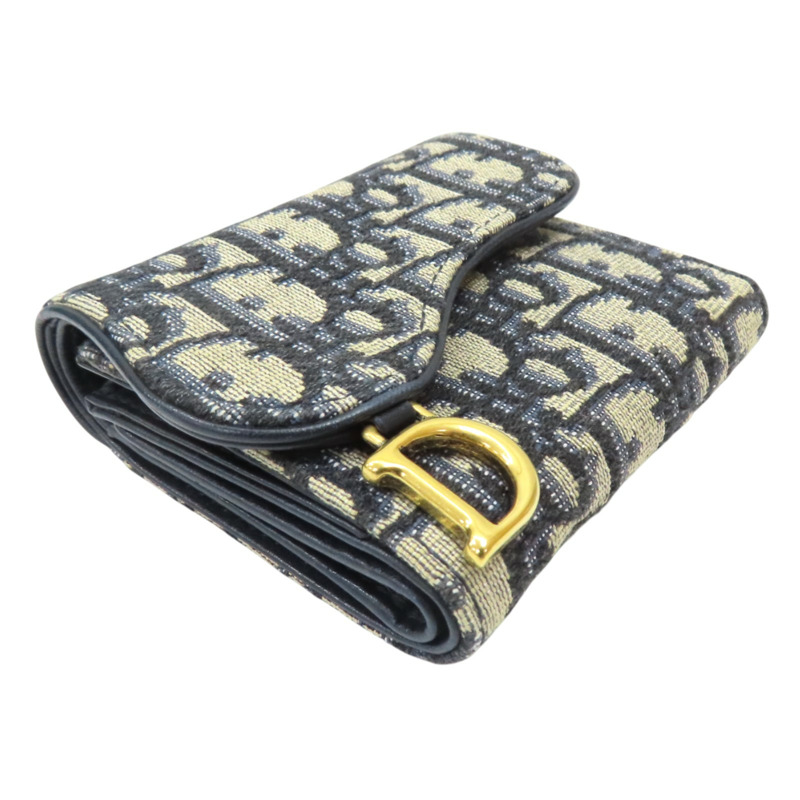藍色 緹花帆布 Saddle Lotus 扣式短夾【Dior 迪奧】 S5652CTZQ_M928-2