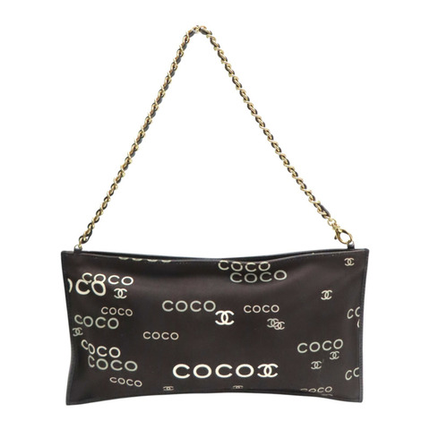 黑/棕色 牛皮 帆布COCO print chain 鏈帶 肩背包【CHANEL 香奈兒】