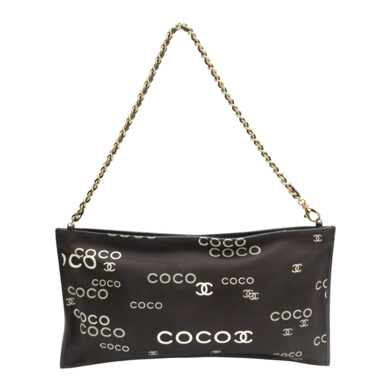 黑/棕色 牛皮 帆布COCO print chain 鏈帶 肩背包【CHANEL 香奈兒】-0