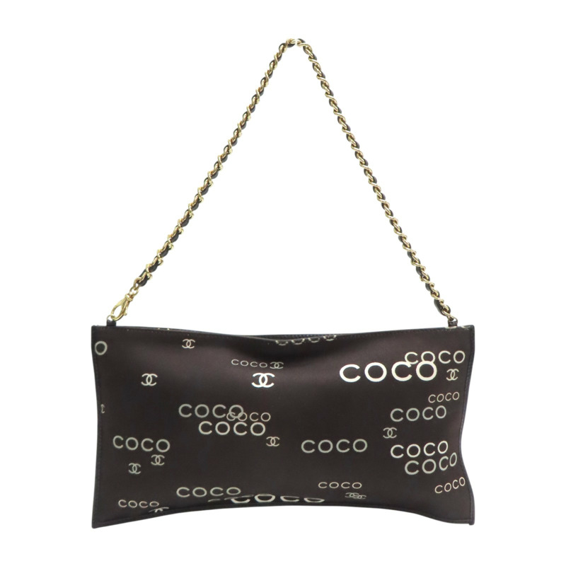 黑/棕色 牛皮 帆布COCO print chain 鏈帶 肩背包【CHANEL 香奈兒】-1