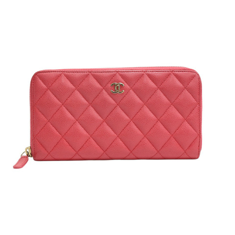 桃紅色 菱格紋 牛皮 拉鍊 長夾 AP0242【CHANEL 香奈兒】 AP0242