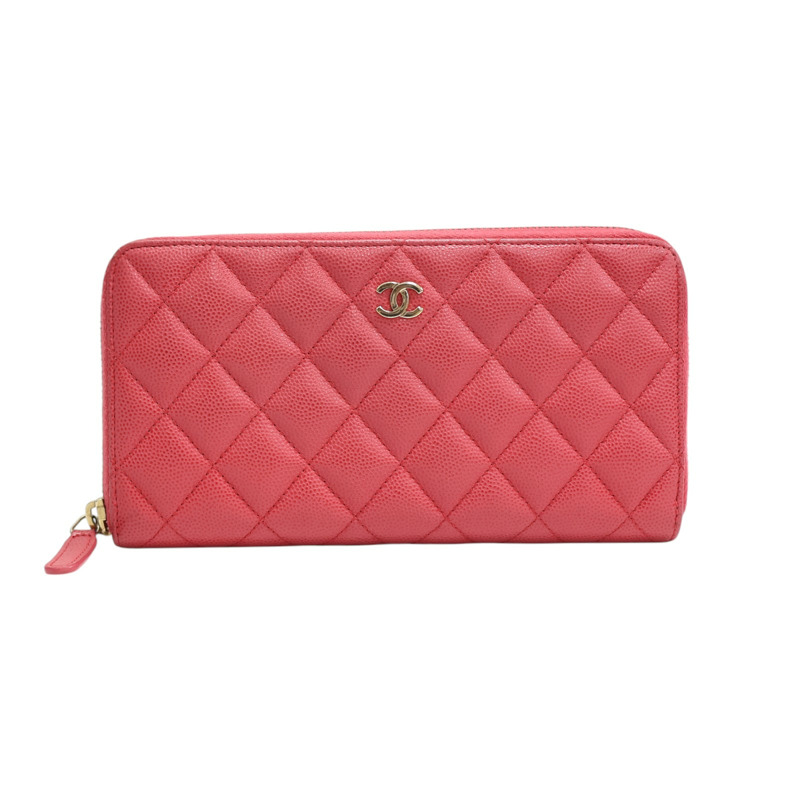 桃紅色 菱格紋 牛皮 拉鍊 長夾 AP0242【CHANEL 香奈兒】 AP0242-0