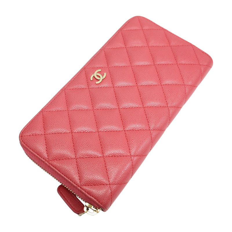 桃紅色 菱格紋 牛皮 拉鍊 長夾 AP0242【CHANEL 香奈兒】 AP0242-2