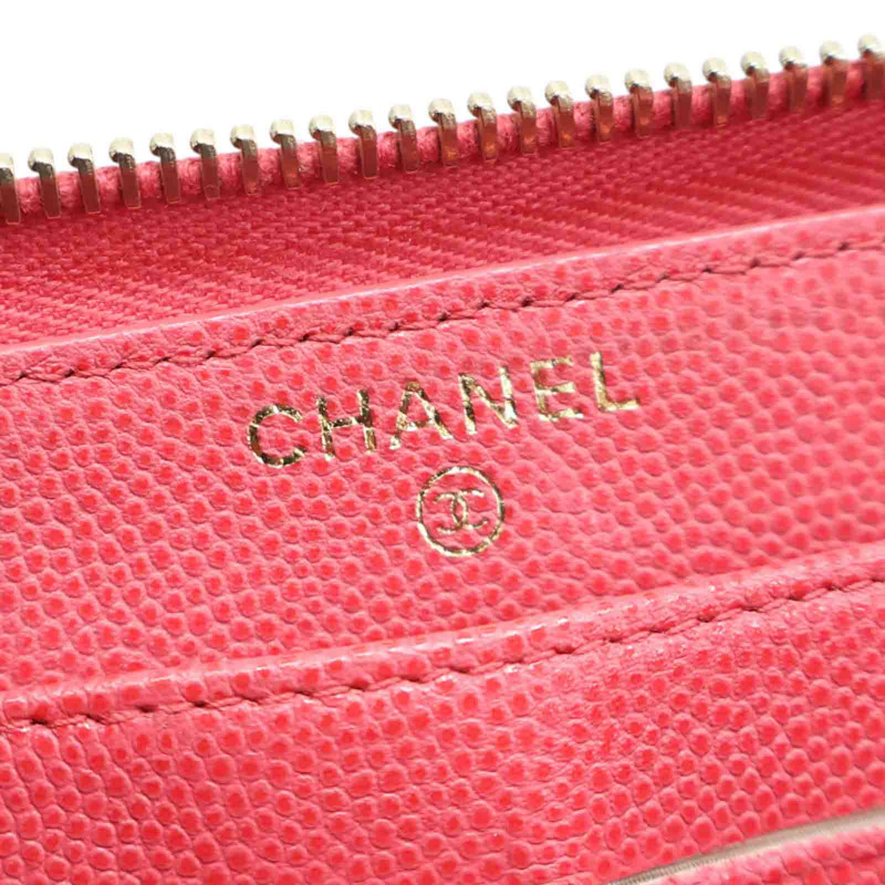 桃紅色 菱格紋 牛皮 拉鍊 長夾 AP0242【CHANEL 香奈兒】 AP0242-8