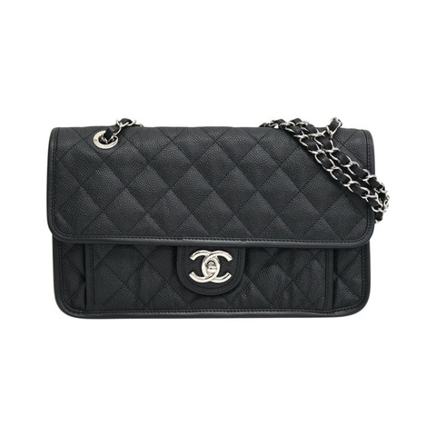 黑色 菱格紋 Caviar牛皮 French Riviera 翻蓋 鍊帶 肩背包 A66801 無卡【CHANEL 香奈兒】 A66801