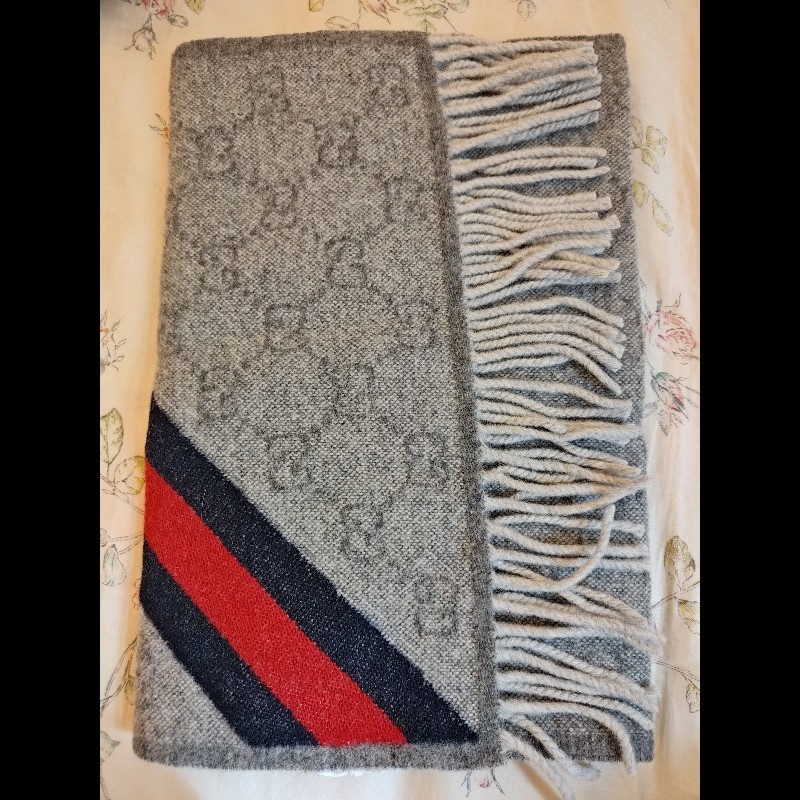 GUCCI 滿版GG logo羊毛圍巾（淺灰色）-0