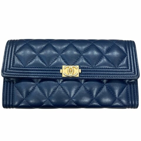 CHANEL 香奈兒 A80286 BOY系列 羊皮 長夾 海軍藍 金釦