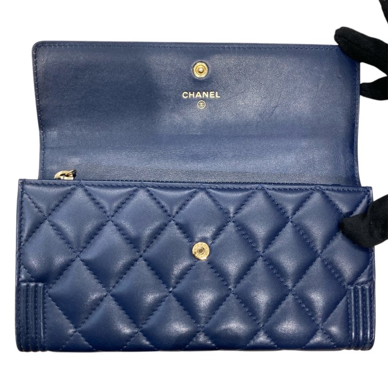 CHANEL 香奈兒 A80286 BOY系列 羊皮 長夾 海軍藍 金釦-11