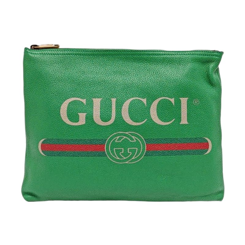 GUCCI Print中號綠色牛皮印花手拿包金色五金-0