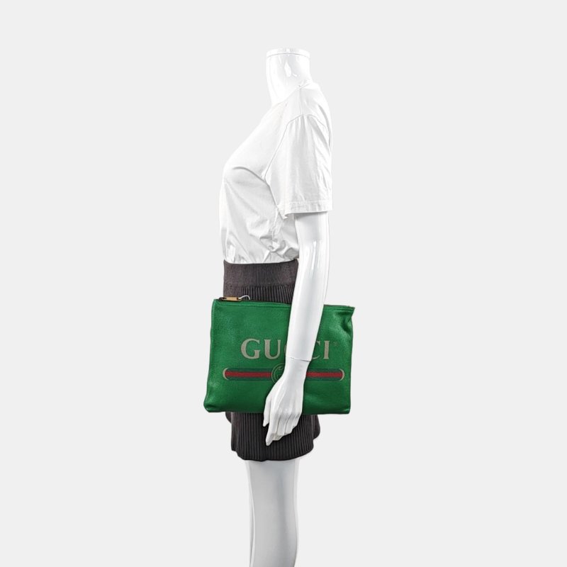 GUCCI Print中號綠色牛皮印花手拿包金色五金-1