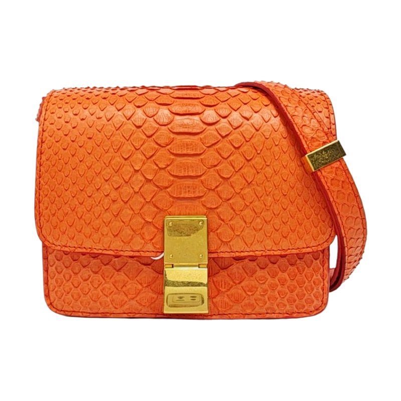 CELINE CLASSIC BOX迷你橙色蛇皮豆腐包單肩包斜挎包金色五金可拆卸肩帶-0
