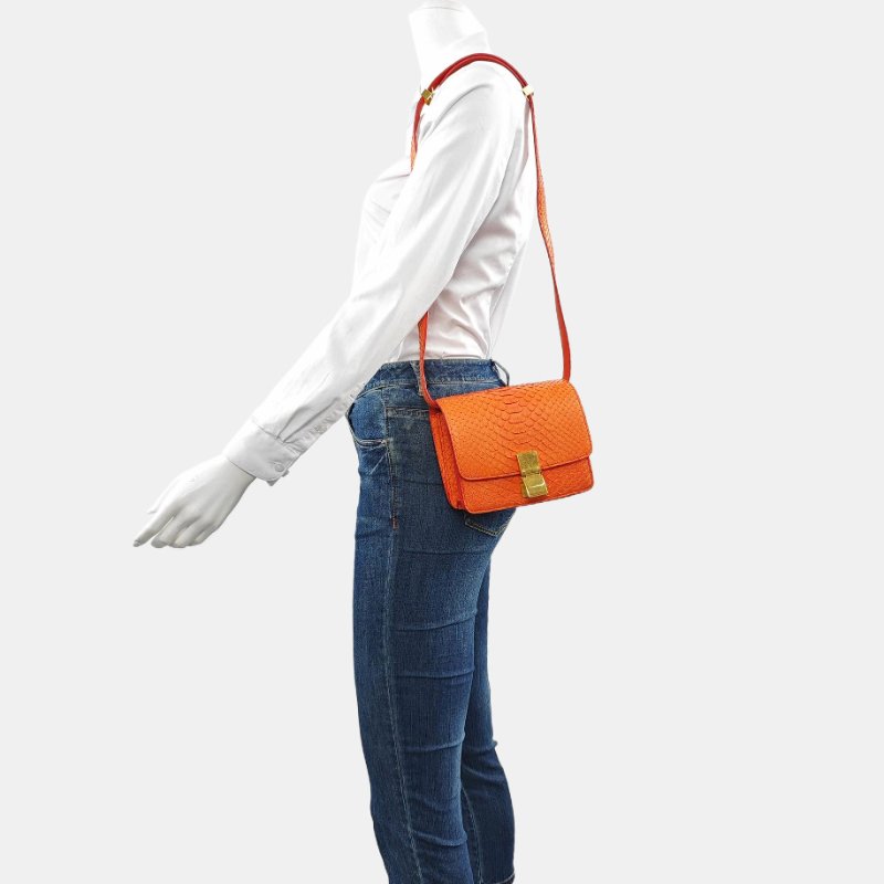 CELINE CLASSIC BOX迷你橙色蛇皮豆腐包單肩包斜挎包金色五金可拆卸肩帶-1