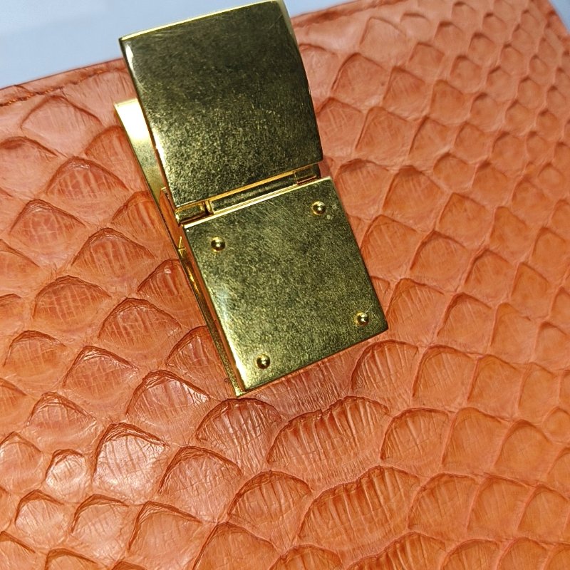CELINE CLASSIC BOX迷你橙色蛇皮豆腐包單肩包斜挎包金色五金可拆卸肩帶-9