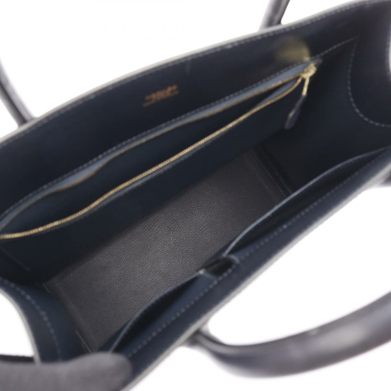 愛馬仕白色 G Box 手提包，小牛皮，靛藍色，二手，女士，金色五金-2