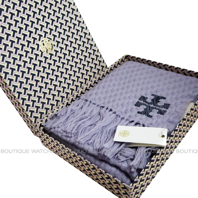 金鐸精品~2487 TORY BURCH 經典LOGO薰衣草紫色針織羊毛圍巾 近新展示品-7