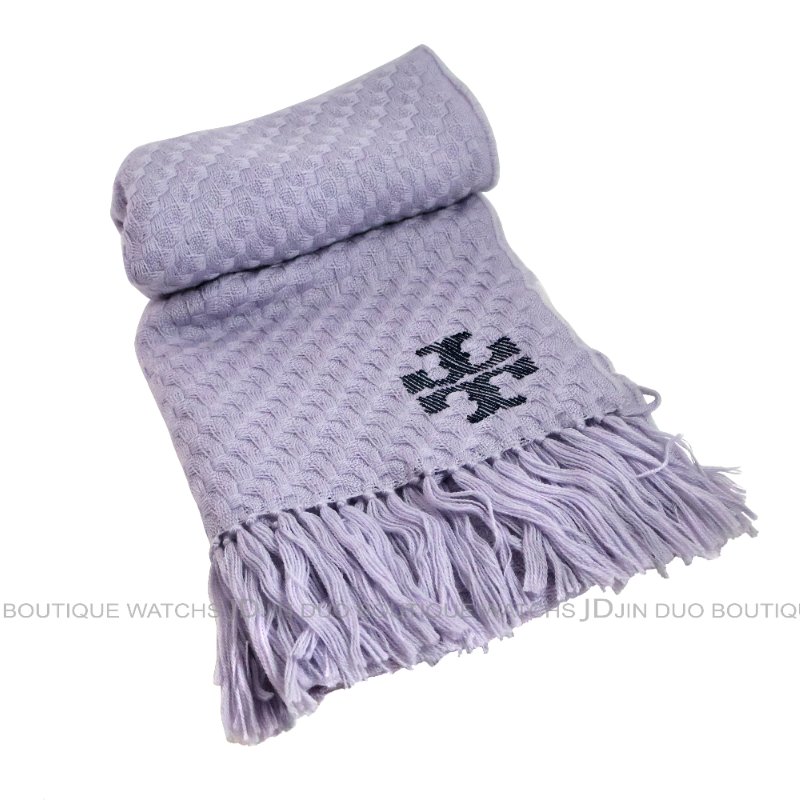 金鐸精品~2487 TORY BURCH 經典LOGO薰衣草紫色針織羊毛圍巾 近新展示品-1