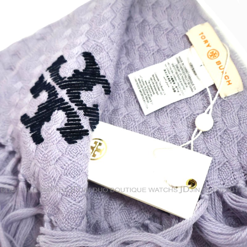 金鐸精品~2487 TORY BURCH 經典LOGO薰衣草紫色針織羊毛圍巾 近新展示品-3