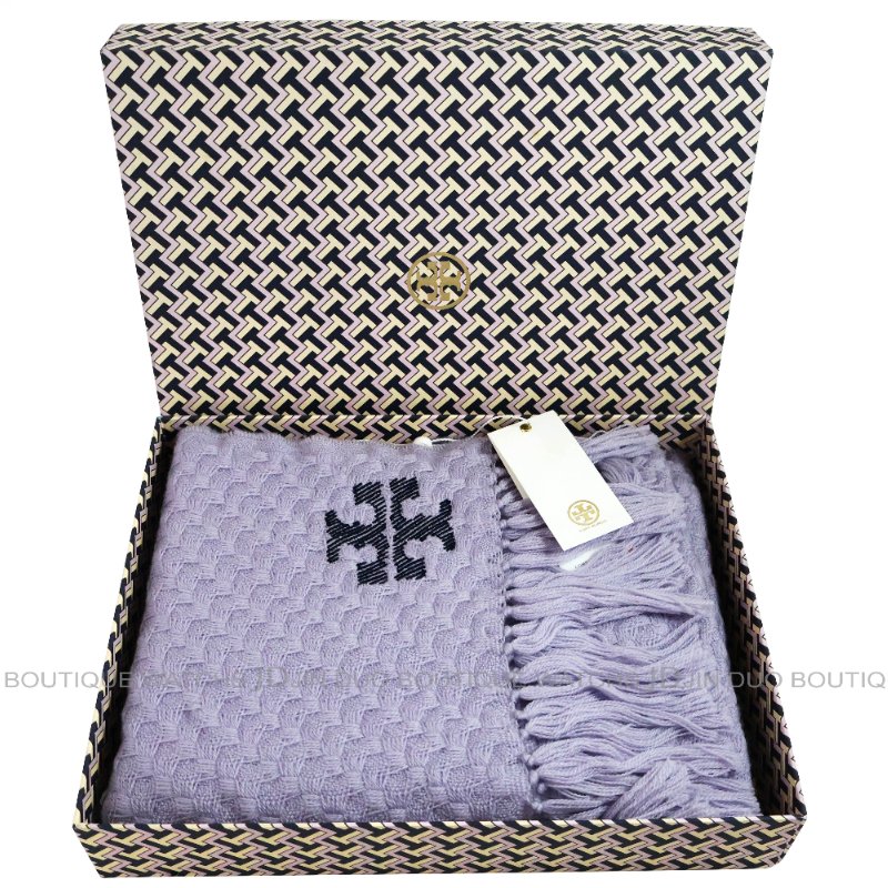 金鐸精品~2487 TORY BURCH 經典LOGO薰衣草紫色針織羊毛圍巾 近新展示品-0