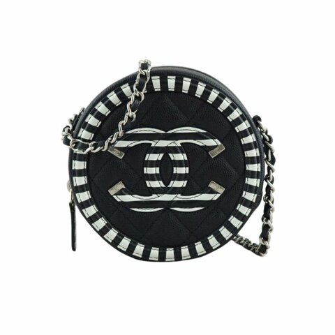 CHANEL 香奈兒 魚子醬黑白斜紋圓形 斜背包 肩背包