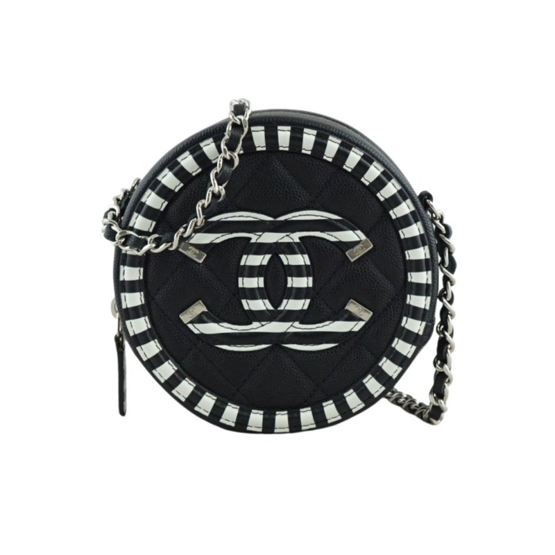 CHANEL 香奈兒 魚子醬黑白斜紋圓形 斜背包 肩背包-0