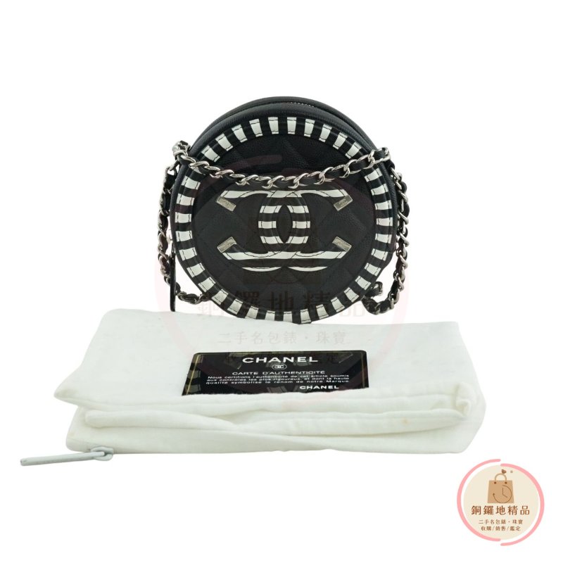 CHANEL 香奈兒 魚子醬黑白斜紋圓形 斜背包 肩背包-2