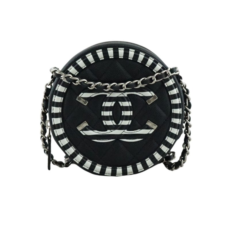 CHANEL 香奈兒 魚子醬黑白斜紋圓形 斜背包 肩背包-3
