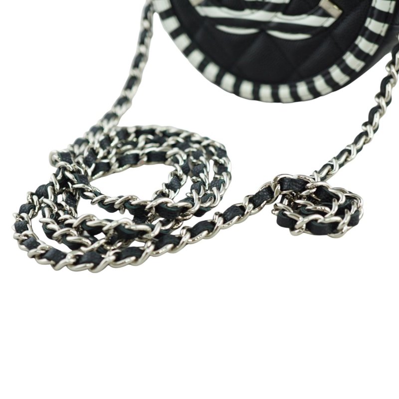 CHANEL 香奈兒 魚子醬黑白斜紋圓形 斜背包 肩背包-13