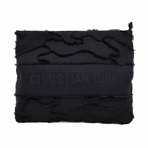 DIOR Diordouble中號黑色帆布刺繡手拿包黑色五金 9.8新