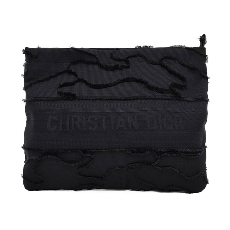 DIOR Diordouble中號黑色帆布刺繡手拿包黑色五金 9.8新-0