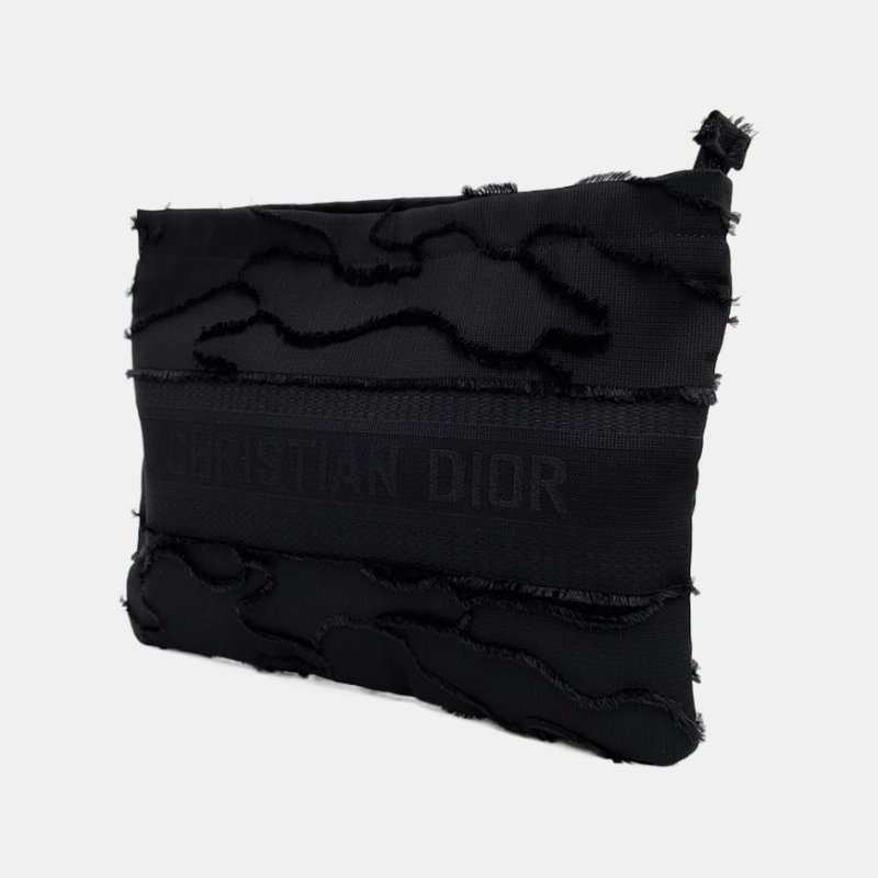 DIOR Diordouble中號黑色帆布刺繡手拿包黑色五金 9.8新-2