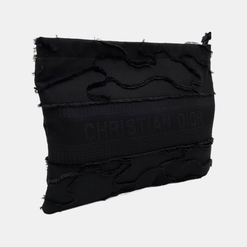 DIOR Diordouble中號黑色帆布刺繡手拿包黑色五金 9.8新-3