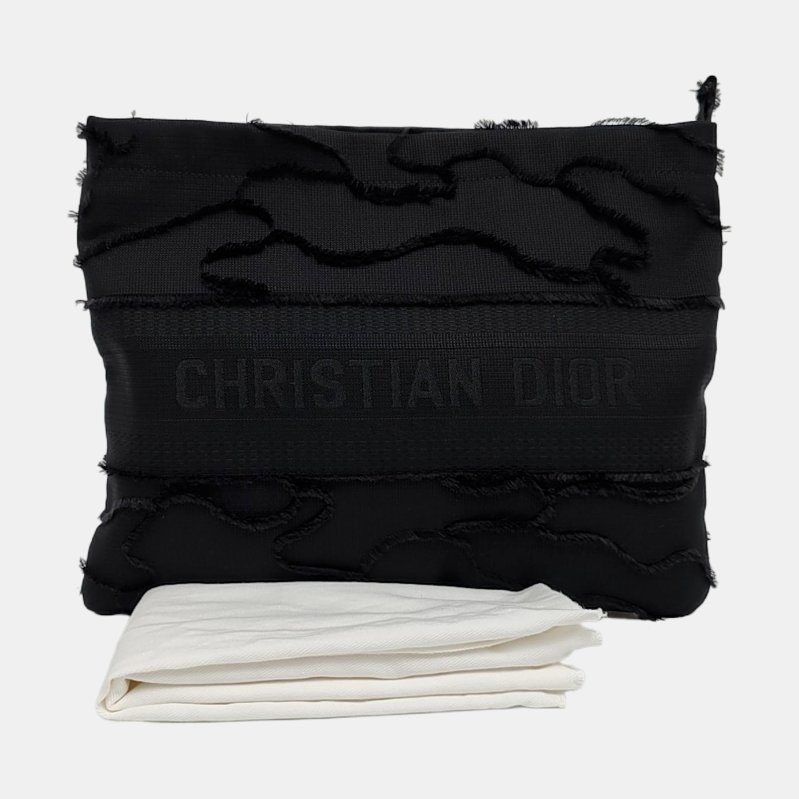 DIOR Diordouble中號黑色帆布刺繡手拿包黑色五金 9.8新-7